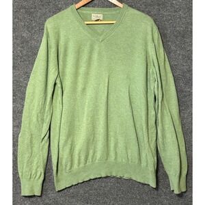 LL Bean Mens V-Neck Sweater Green Cotton Cashmere Blend Large 274603